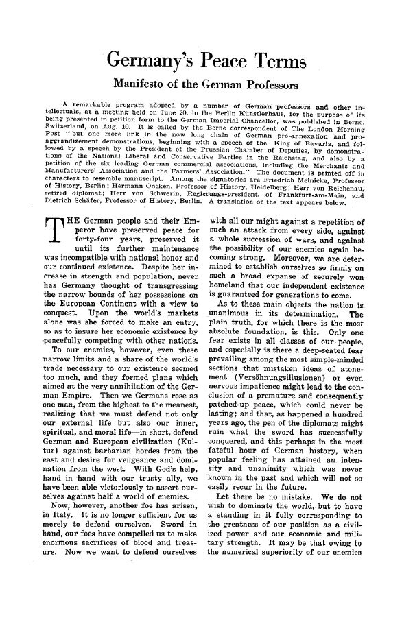 First page of Germany’s Peace Terms<subtitle>Manifesto of the German Professors</subtitle>