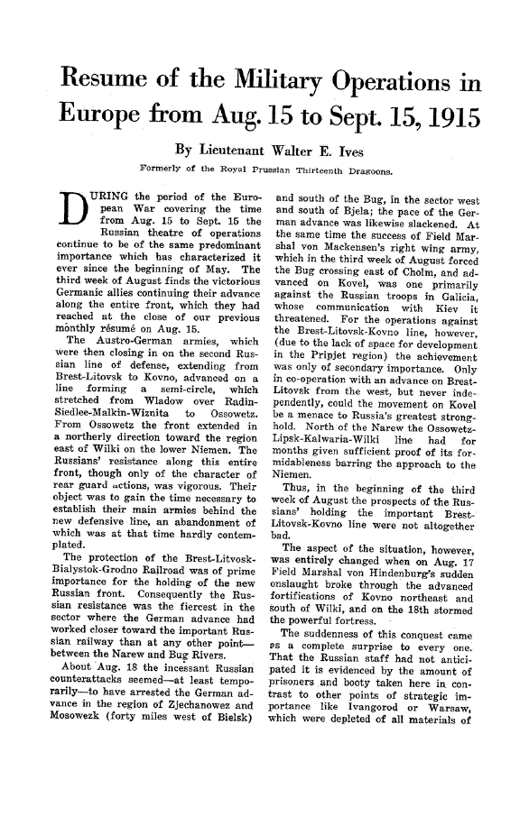 First page of Resume of the Military Operations in Europe from Aug. 15 to Sept. 15,1915