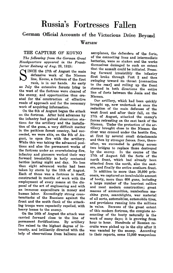 First page of Russia’s Fortresses Fallen<subtitle>German Official Accounts of the Victorious Drive Beyond Warsaw</subtitle>