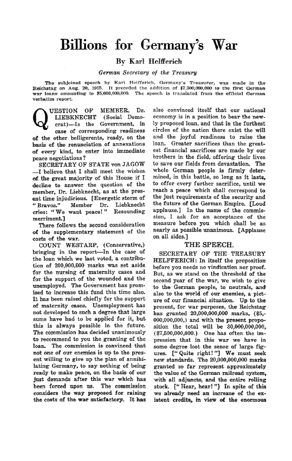 First page of Billions for Germany’s War
