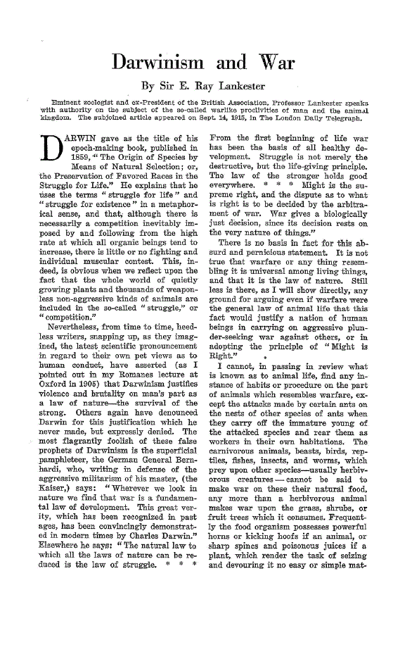 First page of Darwinism and War