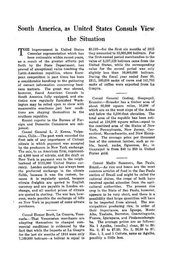 First page of South America, as United States Consuls View the Situation
