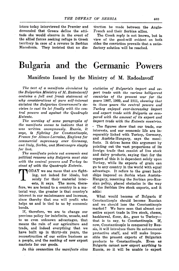First page of Bulgaria and the Germanic Powers<subtitle>Manifesto Issued by the Ministry of M. Radoslavoff</subtitle>