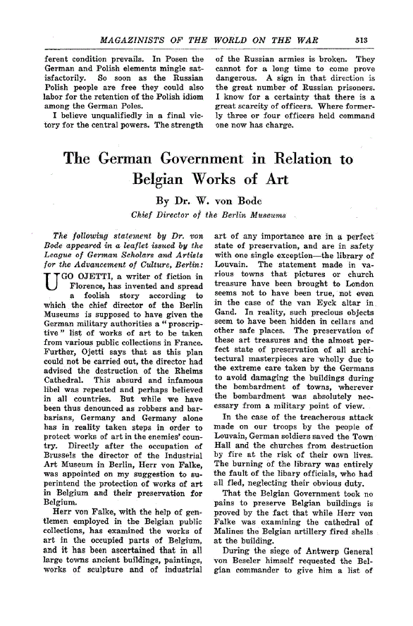 First page of The German Government in Relation to Belgian Works of Art