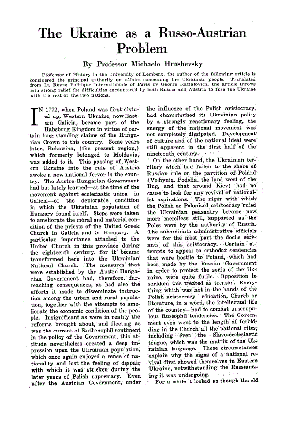 First page of The Ukraine as a Russo-Austrian Problem