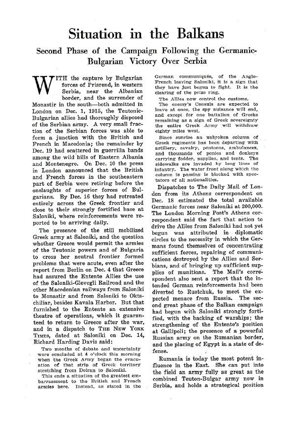 First page of Situation in the Balkans<subtitle>Second Phase of the Campaign Following the Germanic-Bulgarian Victory Over Serbia</subtitle>