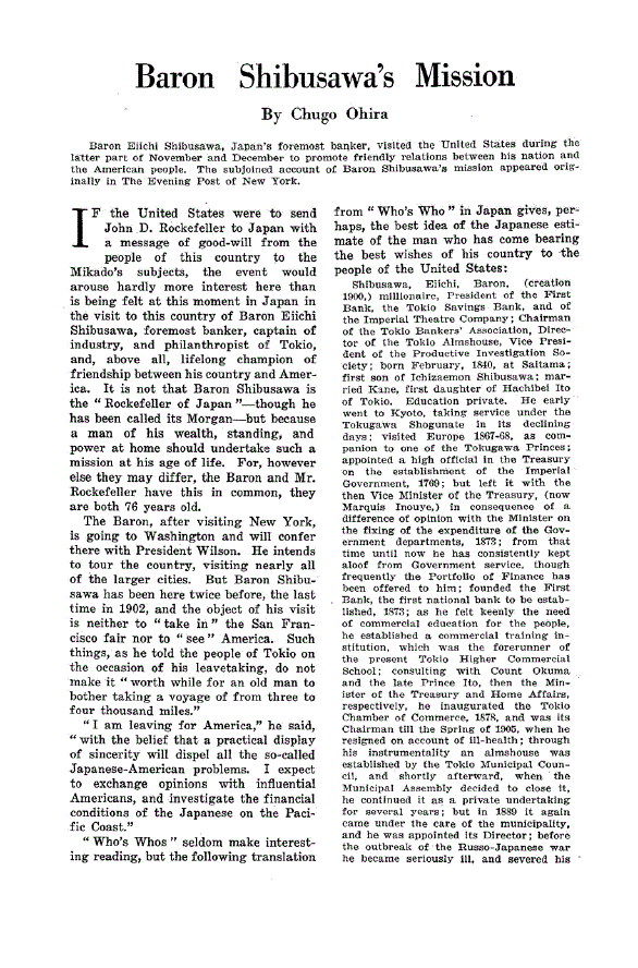 First page of Baron Shibusawa’s Mission