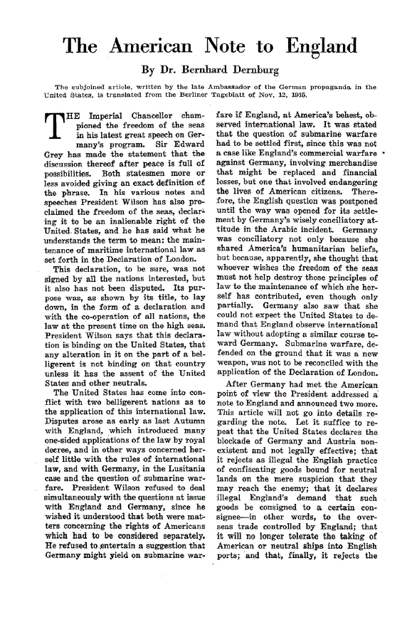 First page of The American Note to England