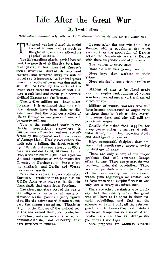 First page of Life After the Great War