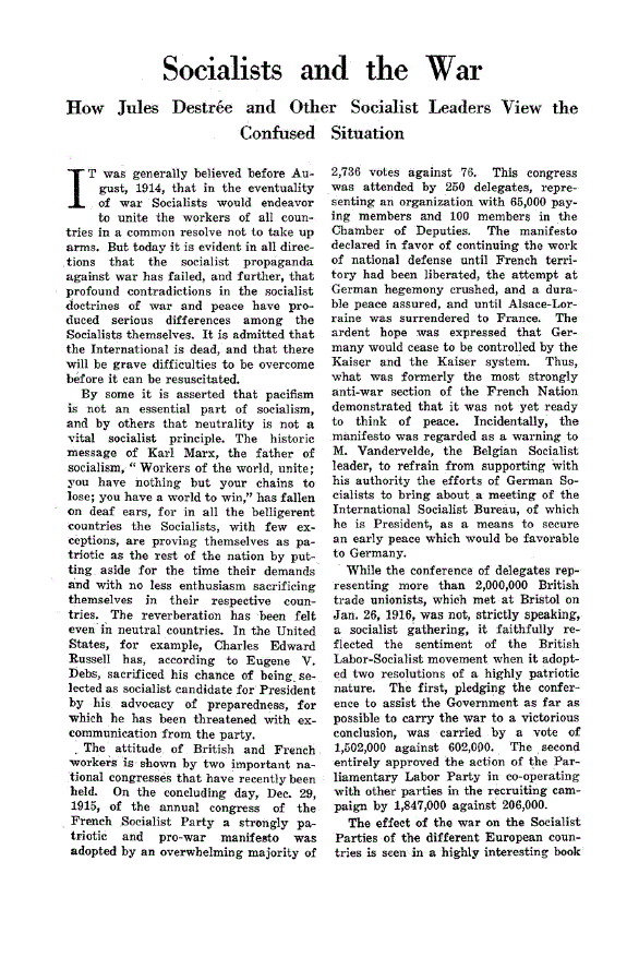 First page of Socialists and the War<subtitle>How Jules Destrée and Other Socialist Leaders View the Confused Situation</subtitle>