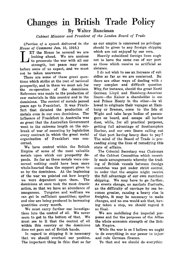 First page of Changes in British Trade Policy