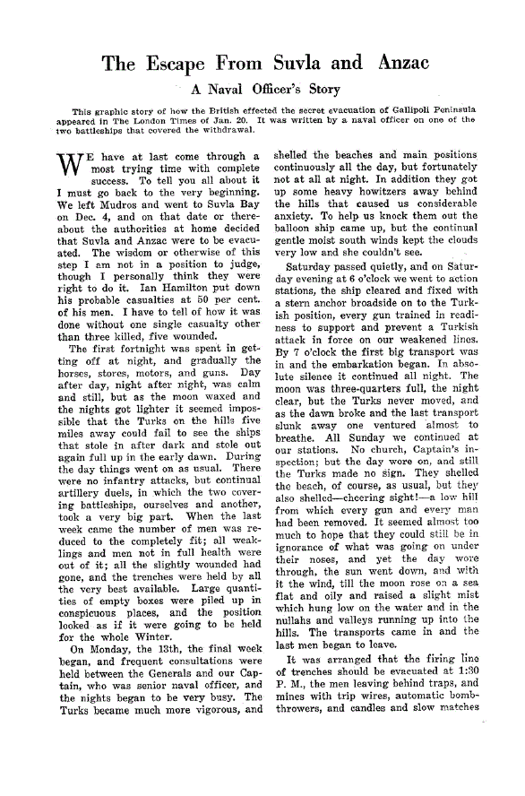 First page of The Escape from Suvla and Anzac<subtitle>A Naval Officer’s Story</subtitle>