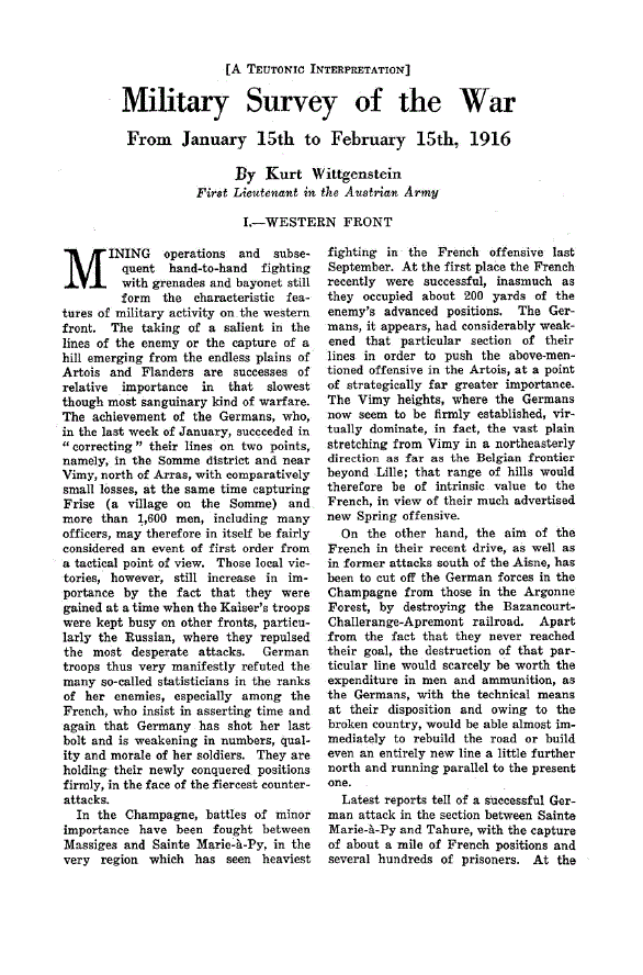 First page of Military Survey of the War<subtitle>From January 15th to February 15th, 1916</subtitle>