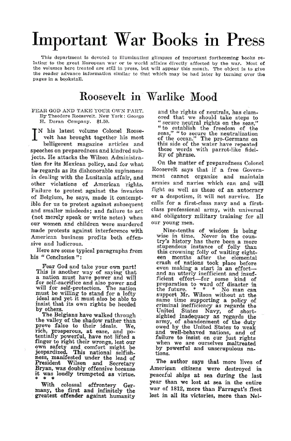 First page of Important war books in press<subtitle>Roosevelt in Warlike Mood</subtitle>