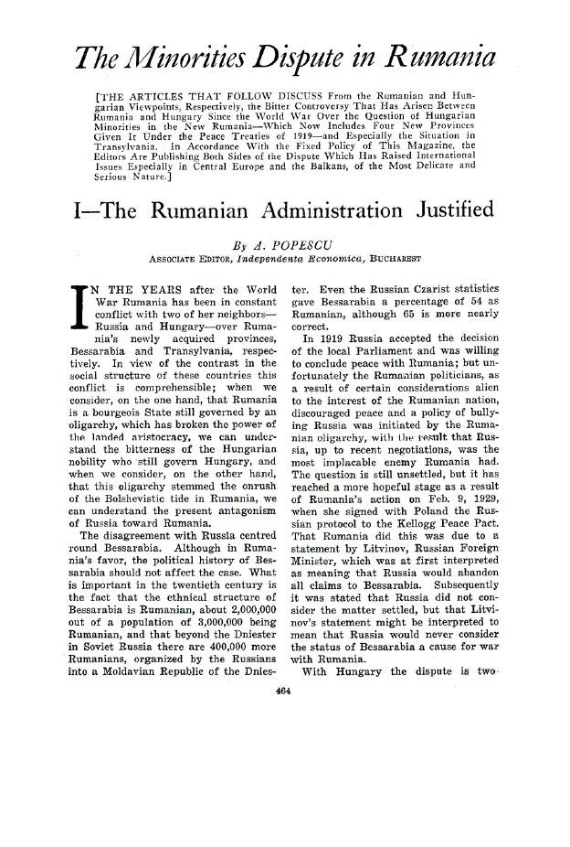 First page of The Minorities Dispute in Rumania<subtitle>I—The Rumanian Administration Justified</subtitle>