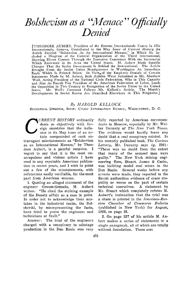 First page of Bolshevism as a “Menance” Officially Denied