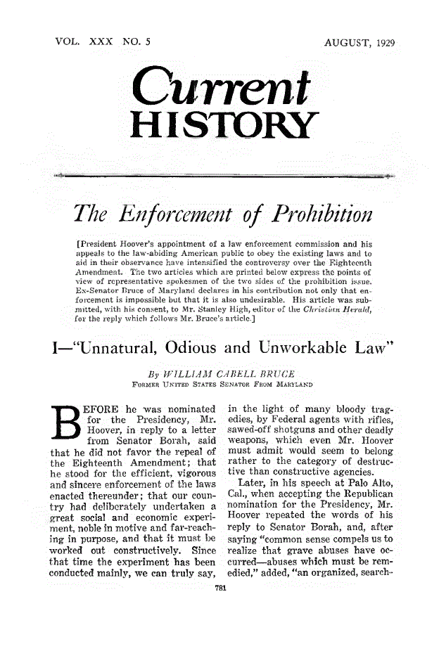 First page of The Enforcement of Prohibition I—“Unnatural, Odious and Unworkable Law”