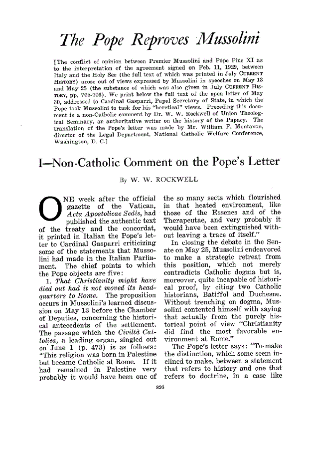 First page of The Pope Reproves Mussolini I—Non-Catholic Comment on the Pope’s Letter