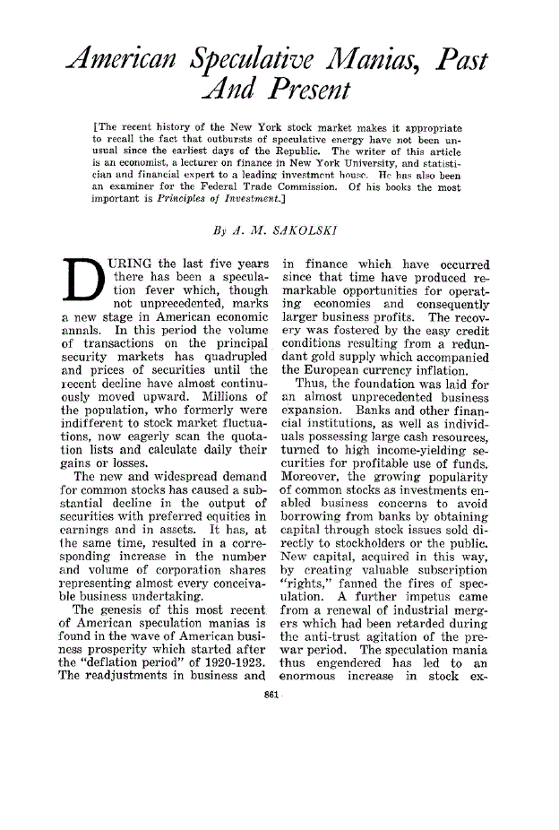 First page of American Speculative Manias, Past and Present