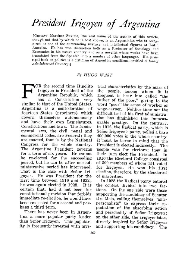 First page of President Irigoyen of Argentina