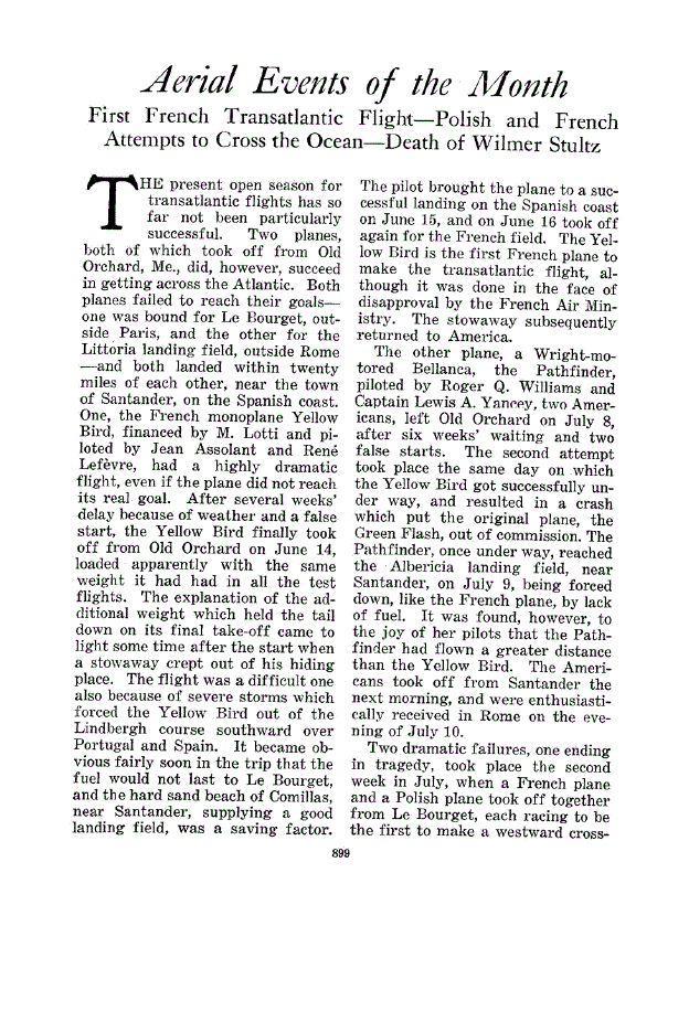 First page of Aerial Events of the Month<subtitle>First French Transatlantic Flight—Polish and French Attempts to Cross the Ocean—Death of Wilmer Stultz</subtitle>