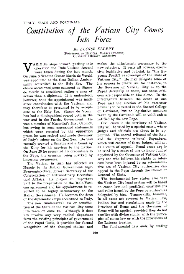 First page of Constitution of the Vatican City Comes into Force