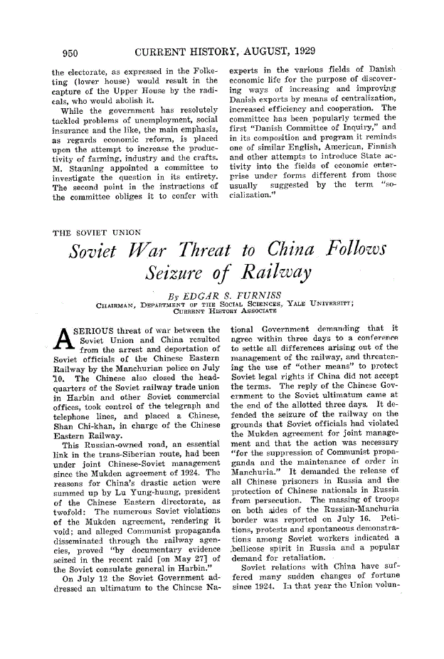 First page of Soviet War Threat to China Follows Seizure of Railway