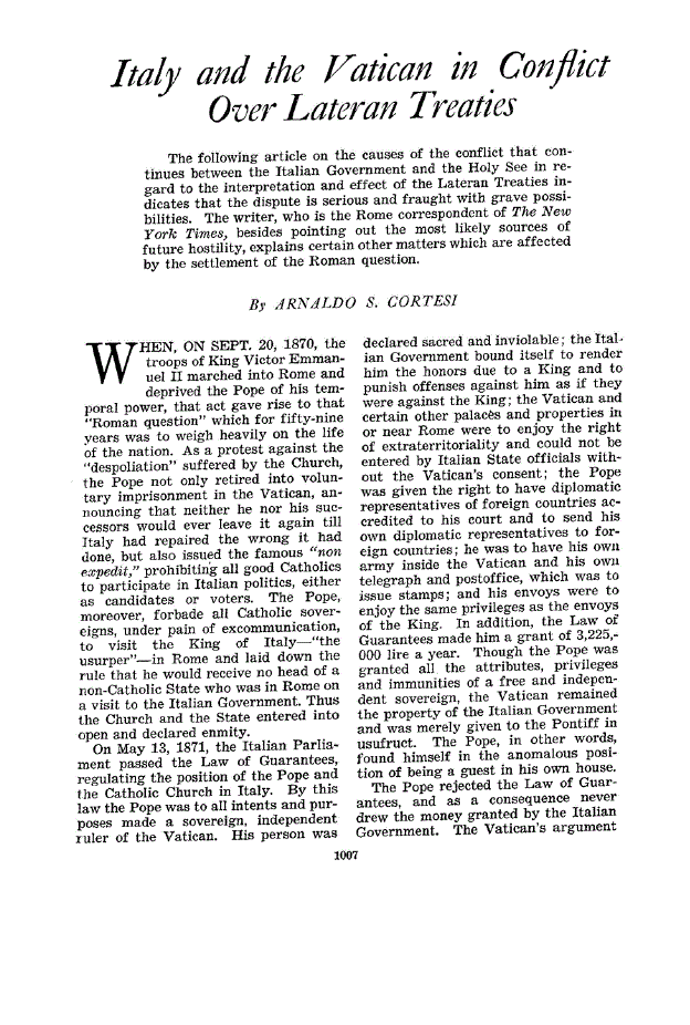 First page of Italy and the Vatican in Conflict Over Lateran Treaties