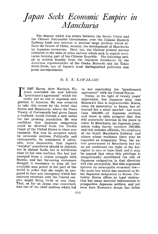 First page of Japan Seeks Economic Empire in Manchuria