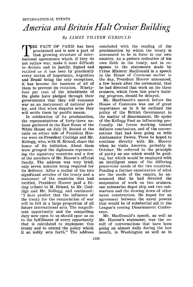 First page of International Events America and Britain Halt Cruiser Building