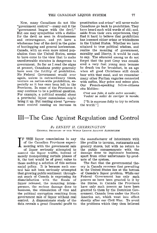 First page of The Canadian Liquor System, III—The Case Against Regulation and Control