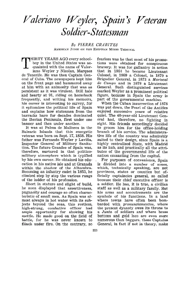 First page of Valeriano Weyler, Spain’s Veteran Soldier-Statesman