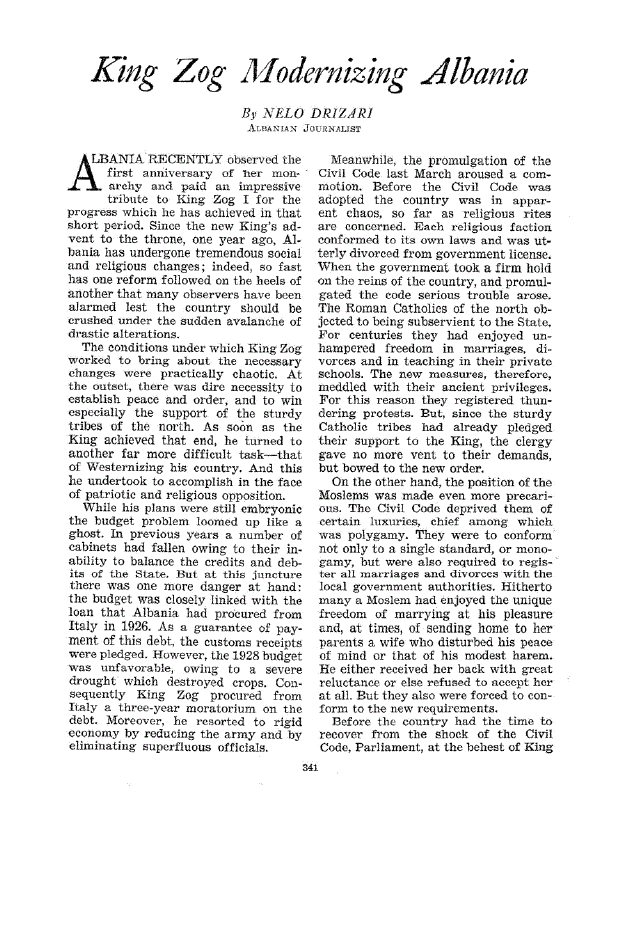 First page of King Zog Modernizing Albania