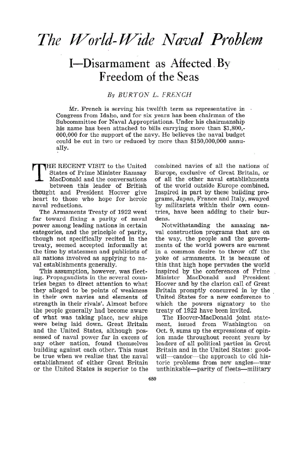 First page of I—Disarmament as Affected by Freedom of the Seas