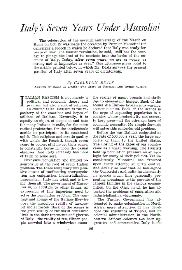 First page of Italy’s Seven Years Under Mussolini