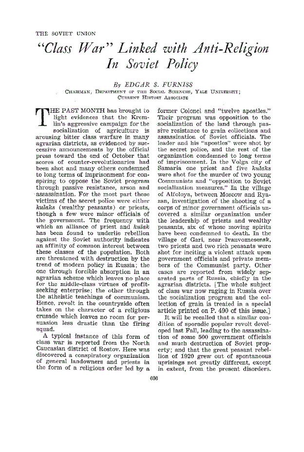 First page of “Class War” Linked with Anti–Religion In Soviet Policy