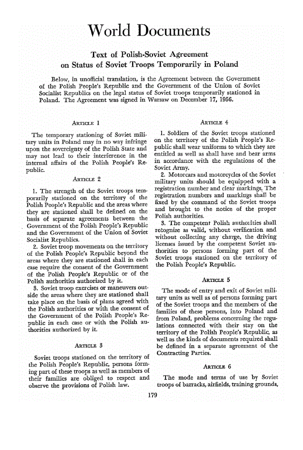 First page of Text of Polish-Soviet Agreement on Status of Soviet Troops Temporarily in Poland