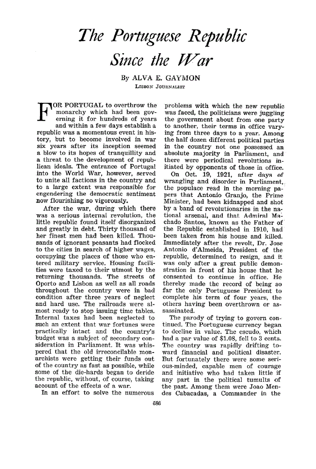 First page of The Portuguese Republic Since the war