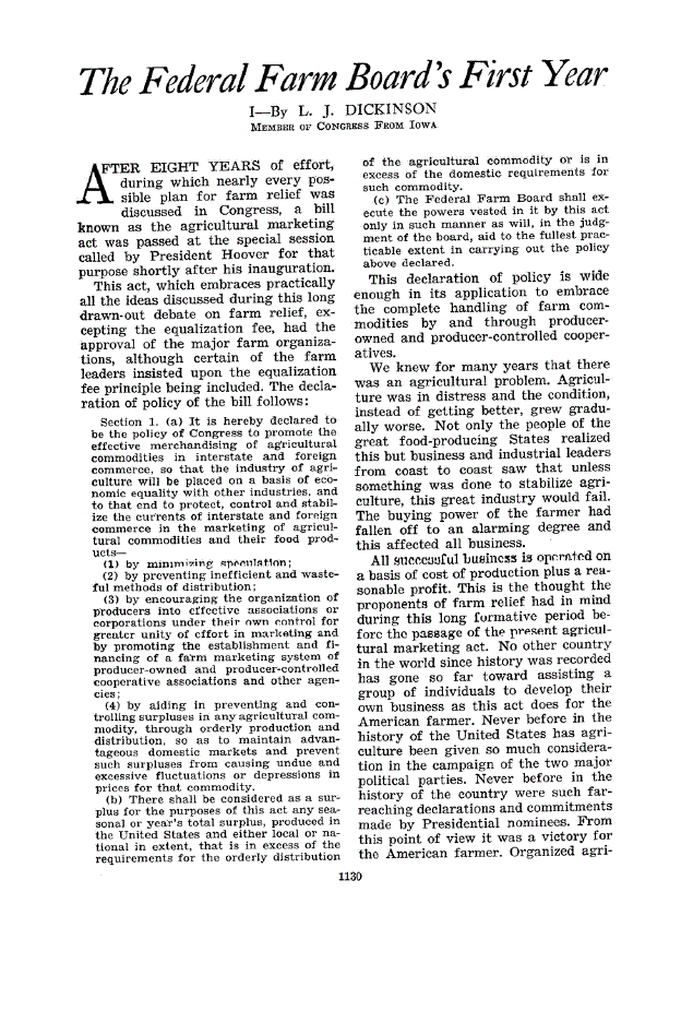 First page of The Federal Farm Board’s First Year I