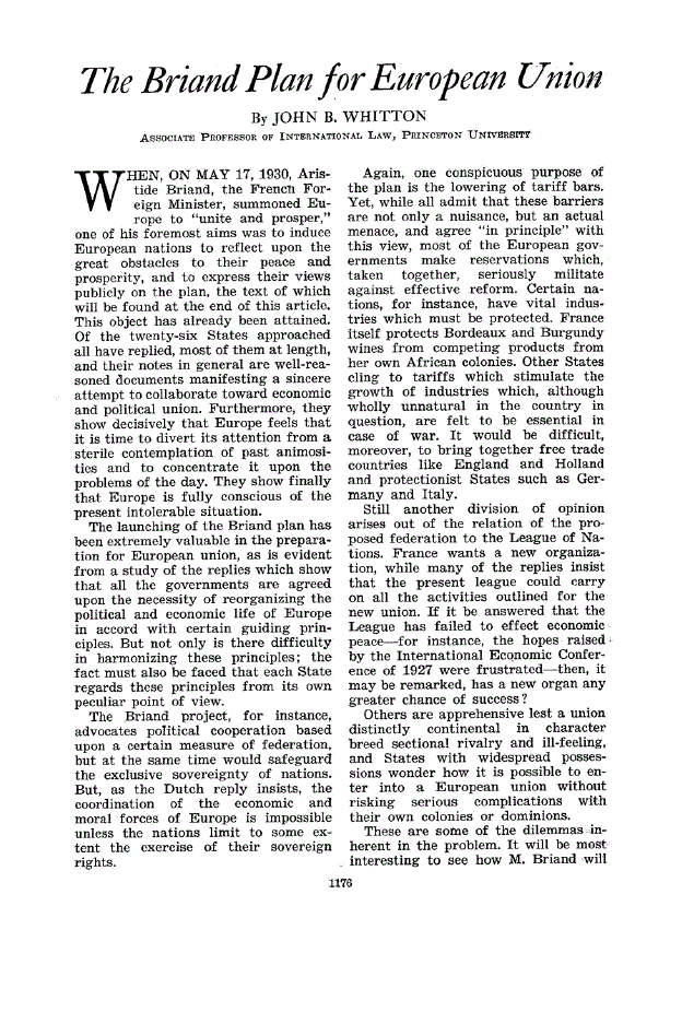 First page of The Briand Plan for European Union