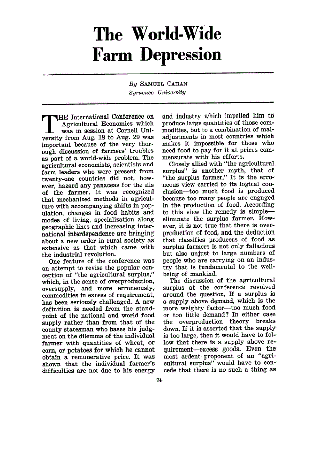 First page of The World-Wide Farm Depression