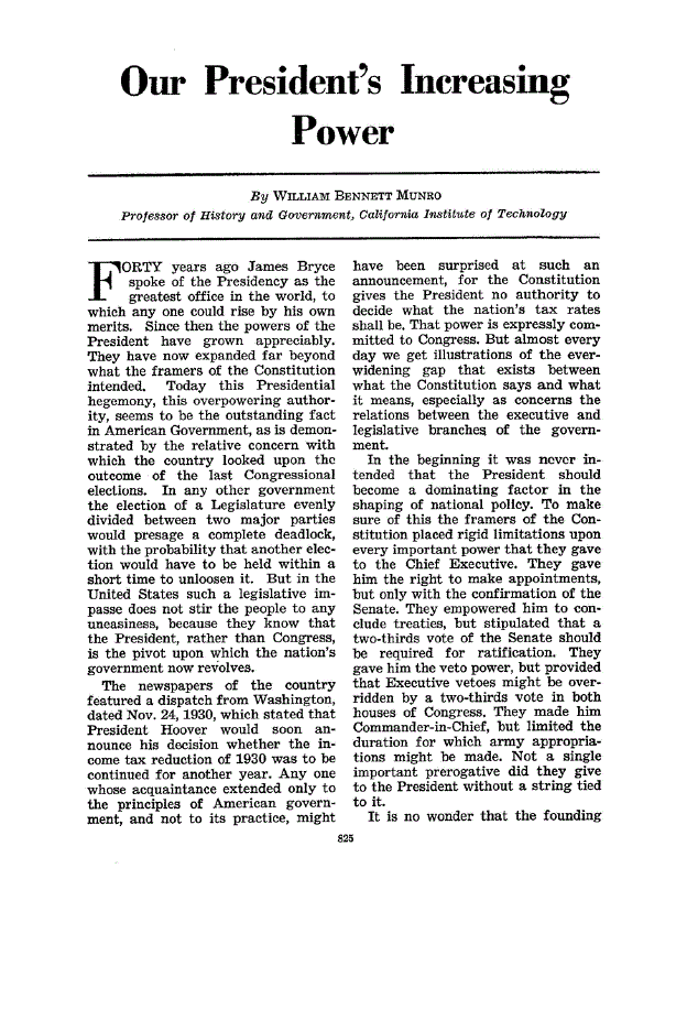 First page of Our President’s Increasing Power