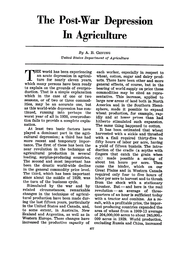 First page of The Post-War Depression in Agriculture