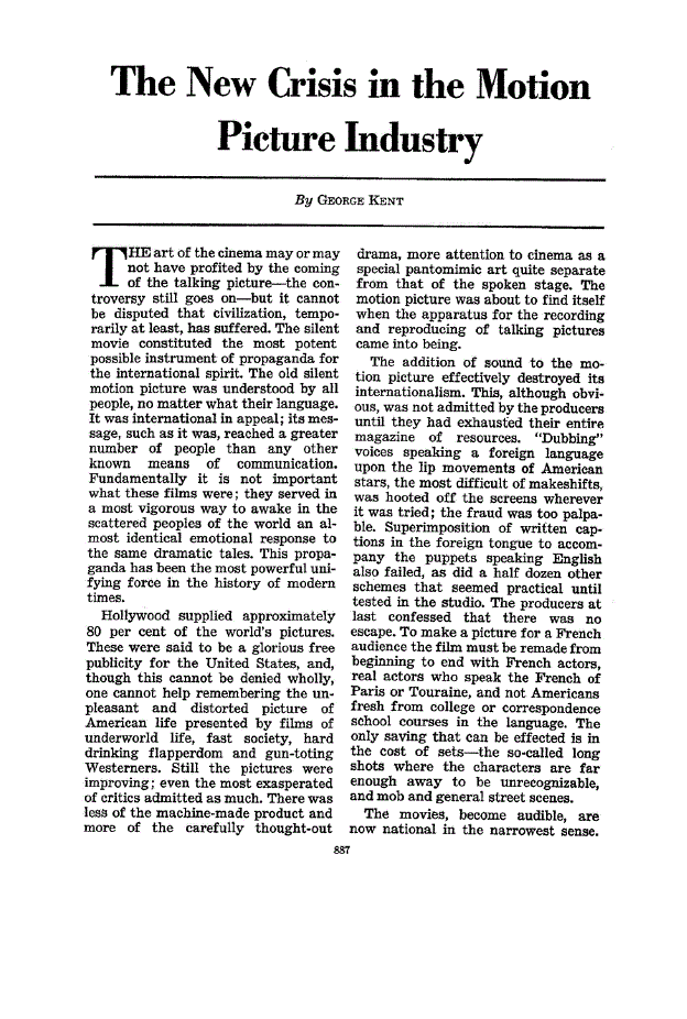 First page of The New Crisis in the Motion Picture Industry