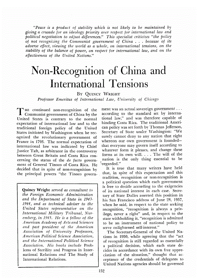 First page of Non-Recognition of China and International Tensions