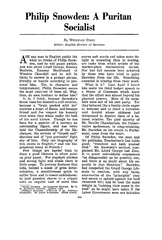 First page of Philip Snowden: A Puritan Socialist