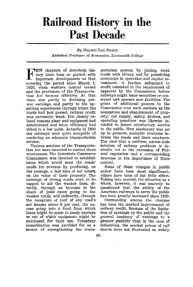 First page of Railroad History in the Past Decade