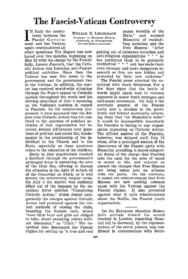 First page of The Fascist-Vatican Controversy