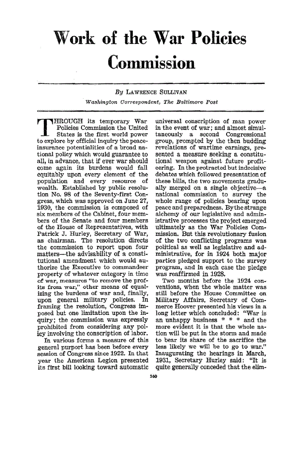 First page of Work of the War Policies Commission