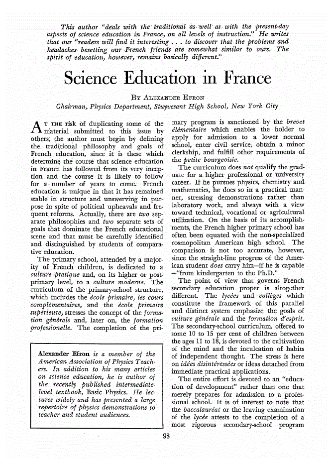 First page of Science Education in France
